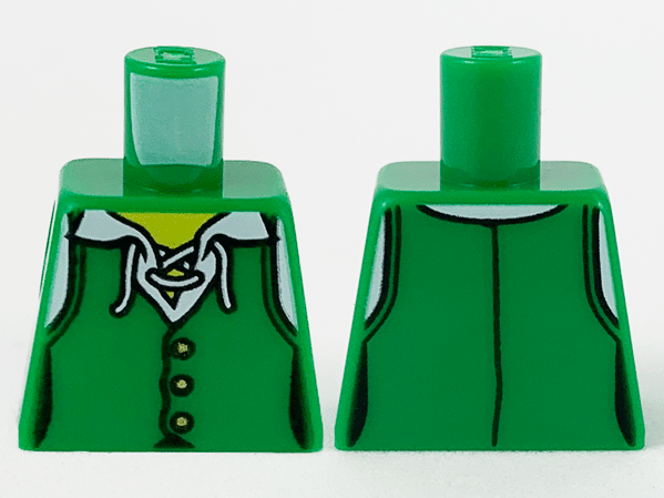 Lego Torso Female Pirate Vest Closed with Gold Buttons over White Shirt with Laces, Yellow Neck Pattern / Green