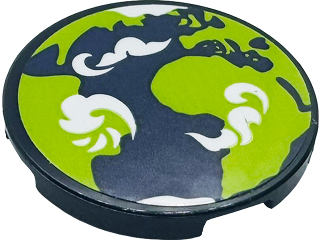 Lego Tile, Round 3 x 3 with Lime and Dark Blue Earth and White Clouds Pattern (Sticker) - Set 41713