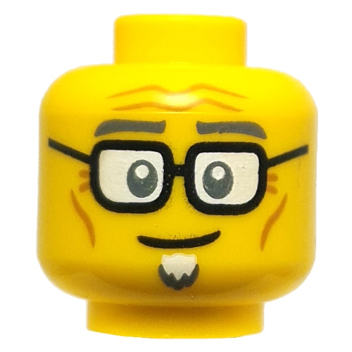 Lego Minifig Head Mailman, Dark Bluish Grey Eyebrows, White Goatee, Black Glasses, Wrinkles / Yellow