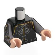 Lego Torso, Armor, Gold Lines, Silver Tree, Arm Decorations print, Flat Silver Arms, Light Nougat Hands / Black