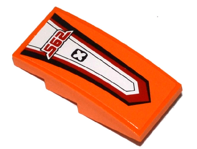 Lego Slope, Curved 4 x 2 with 'X' and Red '562' Pattern (Sticker) - Set 60058 / Orange