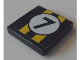 Lego Tile 2 x 2 with Yellow Stripes and Black Number 7 on White Circle Pattern (Sticker) - Set 8154 / Black