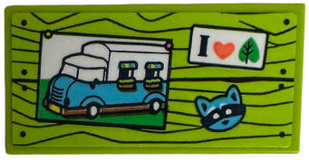 Lego Tile 2 x 4 with Wood Grain, RV Poster, 'I Heart Leaf' Sticker, and Raccoon Head Pattern (Sticker) - Set 42652 / Lime
