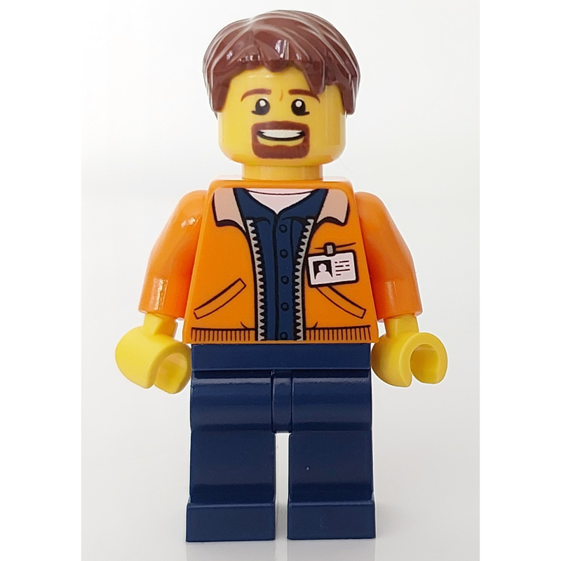 Lego Man, Open Orange Jacket over Dark Blue Shirt, Reddish Brown Hair, Goatee Beard