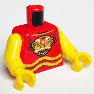 Lego Torso, Tank Top with Gold Dragon Face Breastplate and Stripes Print, Yellow Arms, Yellow Hands / Red