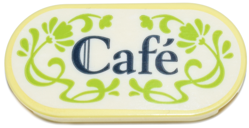 Lego Tile, Round 2 x 4 Oval with White Sign, Lime Filigree and Flowers, Dark Blue 'Café' (Cafe) Pattern (Sticker) - Set 42671 / Bright Light Yellow