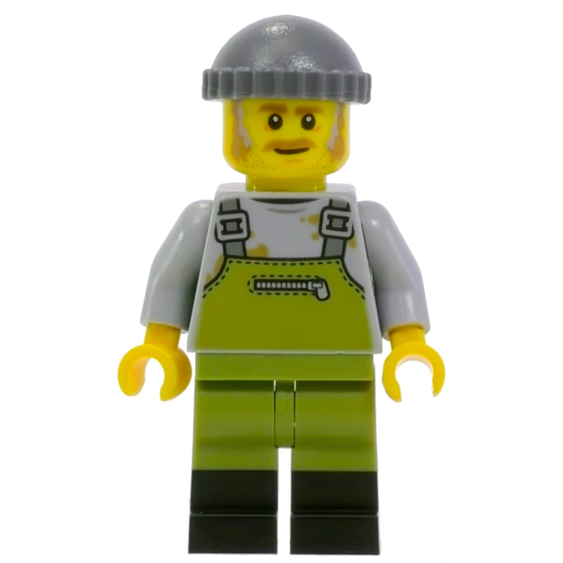 Lego Light Bluish Grey Torso, Olive Green Overall. Dark Bluish Grey Cap