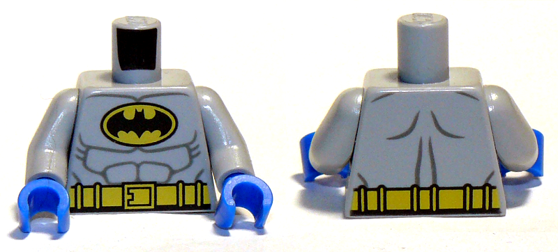 Lego Torso Batman Logo in Yellow Oval with Muscles and Yellow Belt Front and Back Pattern / Light Bluish Gray Arms / Blue Hands