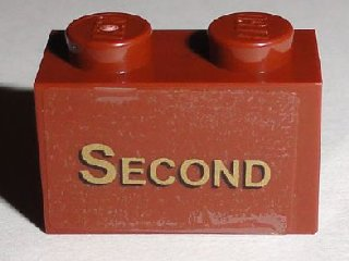Lego Brick 1 x 2 with Gold 'SECOND' Pattern (Sticker) - Set 10194
