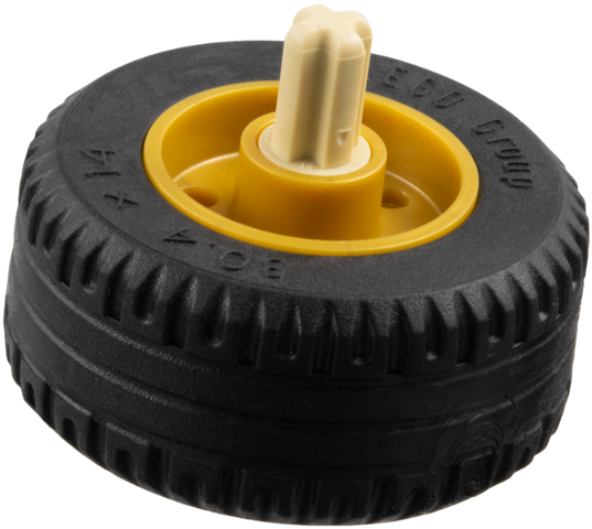 Lego Wheel 18mm D. x 14mm with Pin Hole, Fake Bolts and Shallow Spokes with Black Tire 30.4 x 14 Solid and Tan Technic, Axle 1L with Pin without Friction Ridges with Round Hole (55981 / 58090 / 3749)