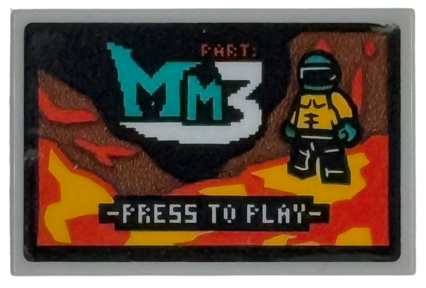 Lego Tile 2 x 3 with 'MM3', 'PRESS TO PLAY' and Video Game Minifigure with Red and Bright Light Orange Lava Background Pattern (Sticker) - Set 76451