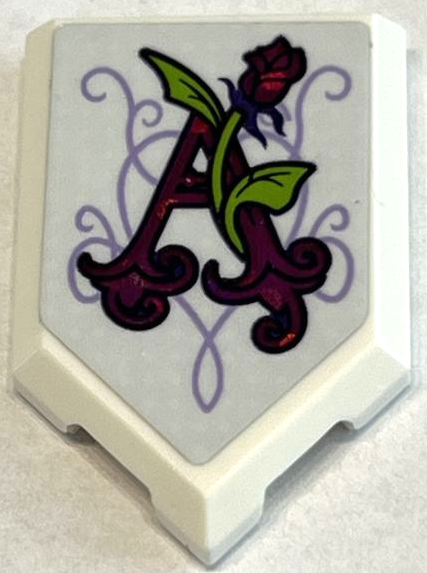 Lego Tile, Modified 2 x 3 Pentagonal with Holographic Magenta Letter A, Rose with Lime Stems and Leaves on Lavender Scrollwork Pattern (Sticker) - Set 41162
