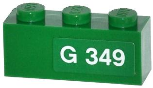 Lego Brick 1 x 3 with White 'G 349' Pattern Model Right Side (Sticker) - Set 70805