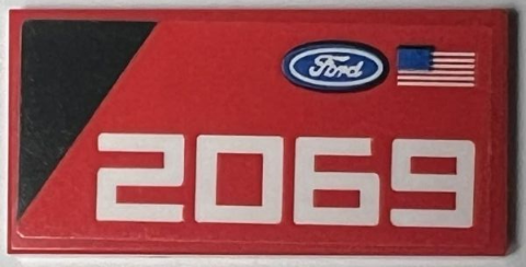 Lego Tile 2 x 4 with Ford Logo, United States of America (USA) Flag, Black Triangle, and White '2069' Pattern Model Left Side (Sticker) - Set 76905