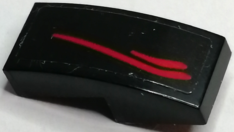 Lego Slope, Curved 2 x 1 x 2/3 with Red Curved Lines Taillights Pattern Model Left Side (Sticker) - Set 75880 / Black