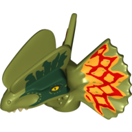 Lego Animal Body Part, Dinosaur, Dilophosaurus Head with Dark Green, Dark Red and Yellow Markings Print / Olive Green