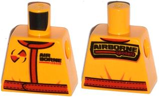 Lego Torso Racing Suit with Red Belt with Stitching and 'AIRBORNE spoilers' Pattern / Bright Light Orange