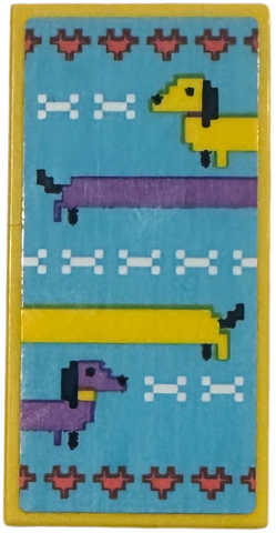 Lego Tile 2 x 4 with Rug with Pixelated Yellow and Medium Lavender Dachshund Dogs, Bones, and Hearts on Medium Azure Background Pattern (Sticker) - Set 42674