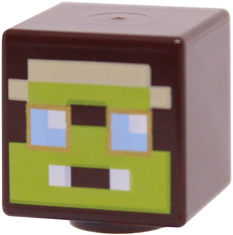 Lego Minifigure, Head, Modified Cube with Pixelated Tan Helmet, Lime Face, Bright Light Blue Goggles with Gold Rims, White Eyes and Mouth Highlights Pattern (Minecraft Aeronaut)