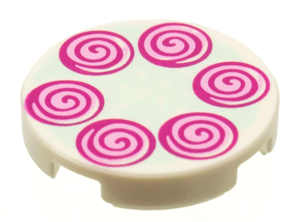 Lego Tile, Round 2 x 2 with Bottom Stud Holder with 6 Magenta Spirals Pattern / White