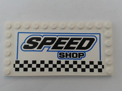 Lego Tile, Modified 6 x 12 with Studs on Edges with 'SPEED SHOP' Pattern (Sticker) - Set 8154 / White