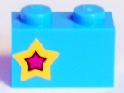 Lego Brick 1 x 2 with Yellow and Magenta Star on Left Side Pattern (Sticker) - Set 41346 / Medium Azure