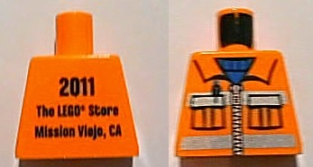 Lego Torso Construction Uniform Shirt with Pockets and Silver Zipper and Reflective Stripes over Blue Sweater, '2011 The LEGO Store Mission Viejo, CA' on Back Pattern / Orange