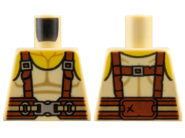 Lego Torso Tank Top with Yellow Neck, Reddish Brown Suspenders and Belt, Silver Buckles Pattern / Tan