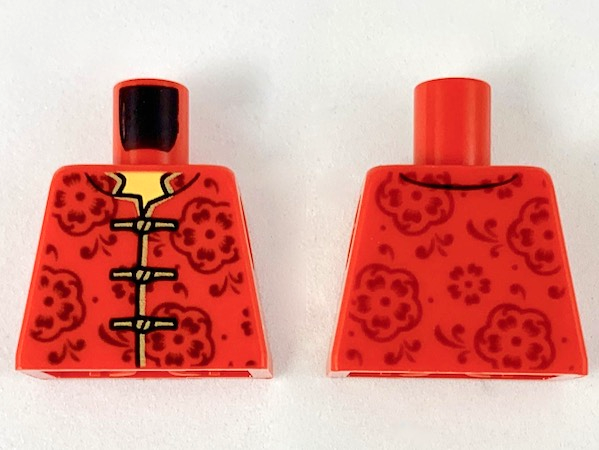Lego Torso Tang Jacket with Gold Hem and Ties, Dark Brown Flowers Pattern / Red