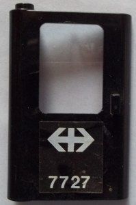 Lego Door 1 x 4 x 5 Train Left, Thin Support at Bottom with White Double Arrow (Swiss Federal Railways) and '7727' Pattern (Sticker) - Set 7727 / Black