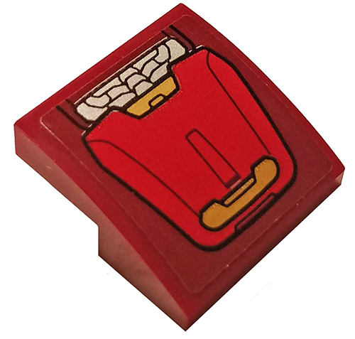 Lego Slope, Curved 2 x 2 x 2/3 with Gold, Silver and Red Armor Plates Pattern 2 (Sticker) - Set 76140 / Dark Red