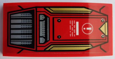 Lego Slope, Curved 4 x 2 with White Exclamation Mark in Circle, Silver Air Vent and Gold and Red Hull Plates Pattern (Sticker) - Set 80012 / Red