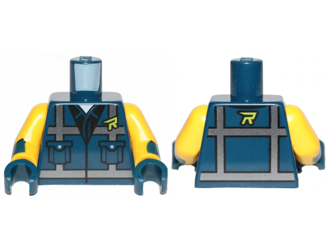 Lego Torso Safety Vest with Pockets, Silver Reflective Crossed Stripes, and Lime Stylized Capital Letter R over Black Shirt and White Undershirt Pattern / Yellow Arms with Dark Blue Cuffs Pattern / Dark Blue Hands
