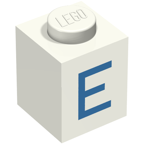 Lego Brick 1 x 1 with Blue 'E' Print (Bold Font) / White