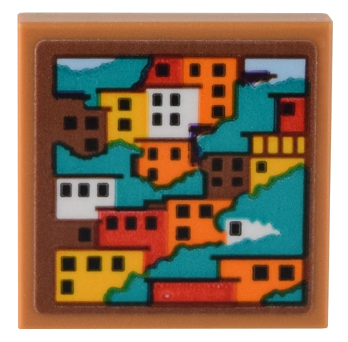 Lego Tile 2 x 2 with Orange, Bright Light Orange, Red, and White Houses on Dark Turquoise Hillside Pattern (Sticker) - Set 40583