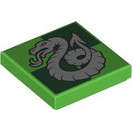 Lego Tile 2 x 2 with Silver Snake, Slytherin Crest Print / Bright Green