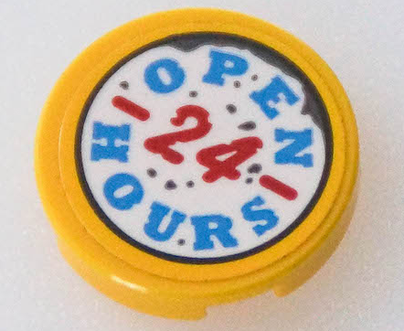 Lego Tile, Round 2 x 2 with Bottom Stud Holder with Dark Azure and Red 'OPEN 24 HOURS' Pattern (Sticker) - Set 70422