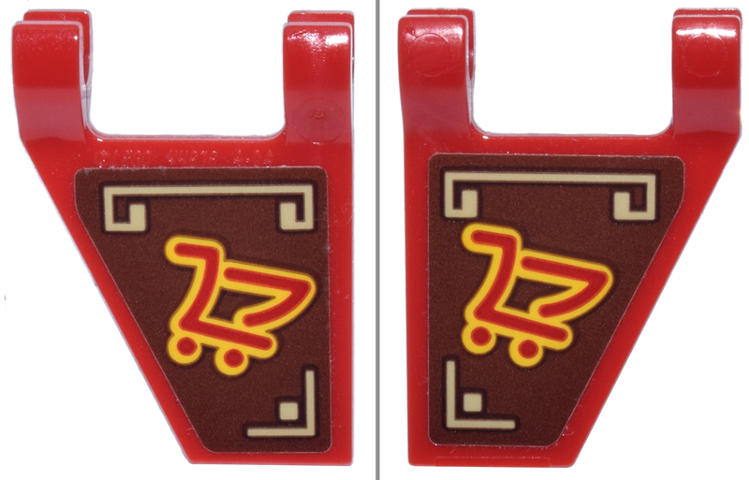 Lego Flag 2 x 2 Trapezoid with Flat Edge with Red and Yellow Ninjago Shopping Cart with Tan Geometric Border Pattern on Both Sides (Stickers) - Set 70657