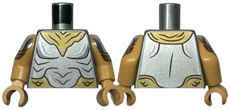 Lego Torso Silver Bare Chest with Muscle Contours and Gold Armor Pattern / Medium Tan Arms with Silver Shoulders and Gold Armor Pattern / Medium Tan Hands