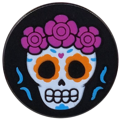 Lego Tile, Round 2 x 2 with Bottom Stud Holder with White Skull with Orange Eyes, Magenta Flowers Pattern / Black
