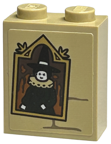 Lego Brick 1 x 2 x 2 with Inside Stud Holder with Picture of Wizard with Neck Ruff in Gold Frame, Bricks and Dark Tan Mortar Pattern (Sticker) - Set 40577