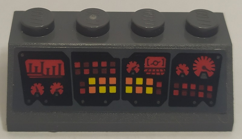 Lego Slope 45 2 x 4 with Black Control Panel with Red, Orange and Yellow Buttons and Lights, Head-Up Display (HUD) and Gauges Pattern (Sticker) - Set 76087