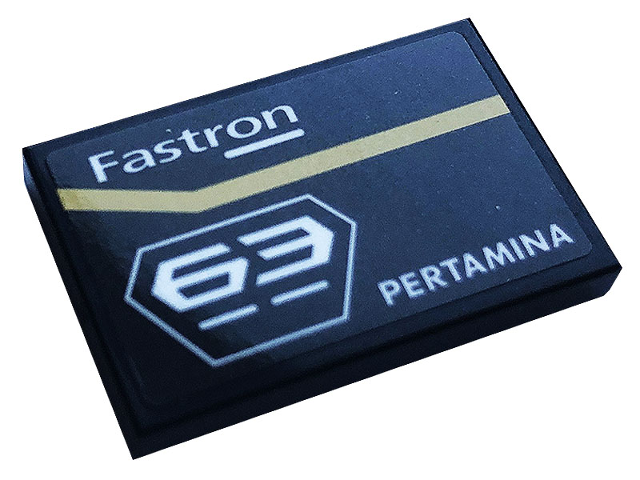 Lego Tile 2 x 3 with Gold Stripe, White 'Fastron', '63', and 'PERTAMINA' Pattern Model Left Side (Sticker) - Set 76899 / Black