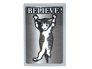 Lego Tile 2 x 3 with Kitten Dangling and White 'BELIEVE!' Pattern (Sticker) - Set 70620
