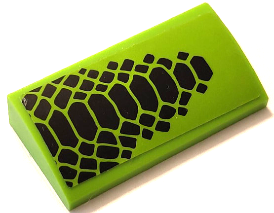 Lego Slope, Curved 2 x 4 x 2/3 with Bottom Tubes with Black Scales Pattern Model Left Side (Sticker) - Set 60415 / Lime
