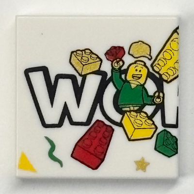 Lego Tile 2 x 2 with 'WO', Bricks and Minifigure Print / White
