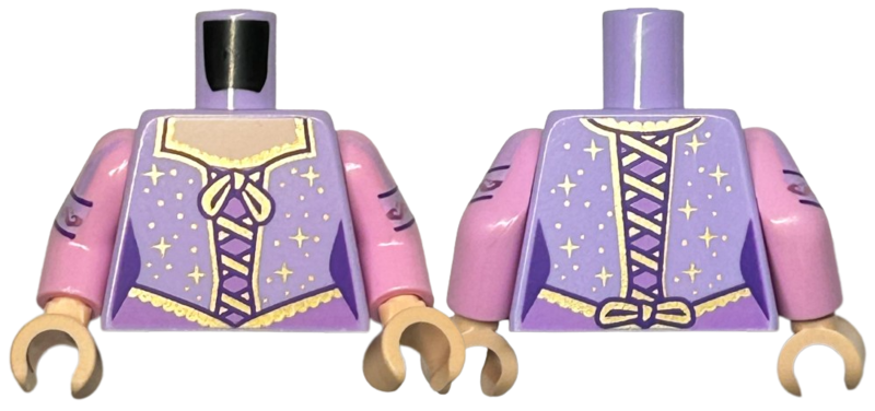 Lego Torso Corset Top with Gold Laces, Trim, Bows, Sparkles, and Dots over Medium Lavender Dress, Light Nougat Neck Pattern / Bright Pink Arms with Lavender Straps with Metallic Pink Filigree Pattern / Light Nougat Hands
