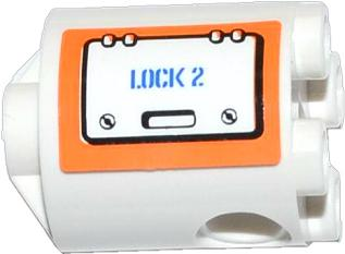 Lego Brick, Round 2 x 2 x 2 Robot Body with Bottom Axle Holder (x Shape / + Orientation) with Hatch with Blue 'LOCK 2' on Orange Background Pattern Model Right Side (Sticker) - Set 60014