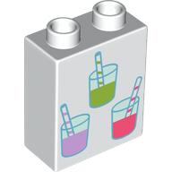 Lego Duplo Brick 1 x 2 x 2 with Lime/Lavender/Coral Lemonade Glasses print / White