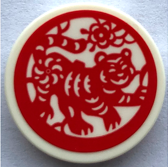 Lego Tile, Round 2 x 2 with Bottom Stud Holder with Red Tiger and Flowers Pattern (Sticker) - Set 80108